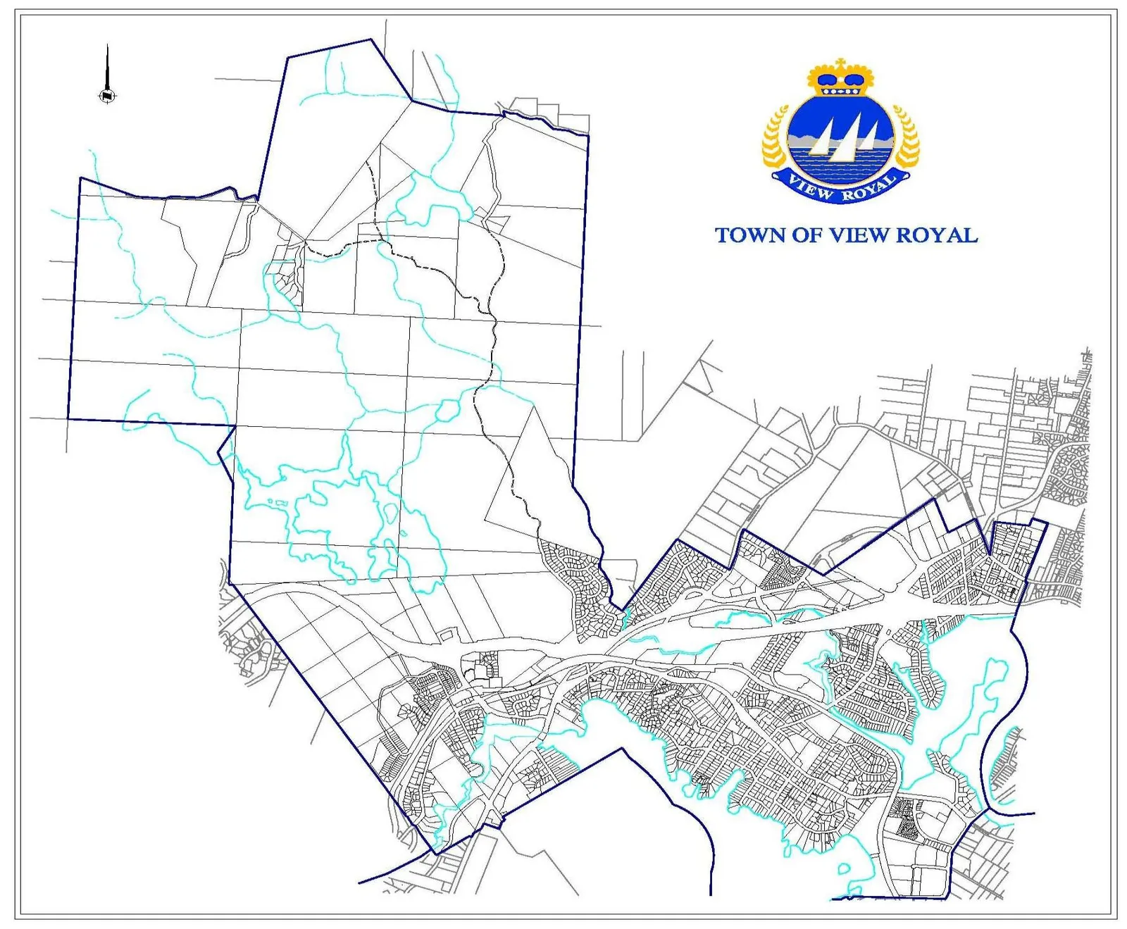 A line map showing the boundaries and precincts of the Town of View Royal.