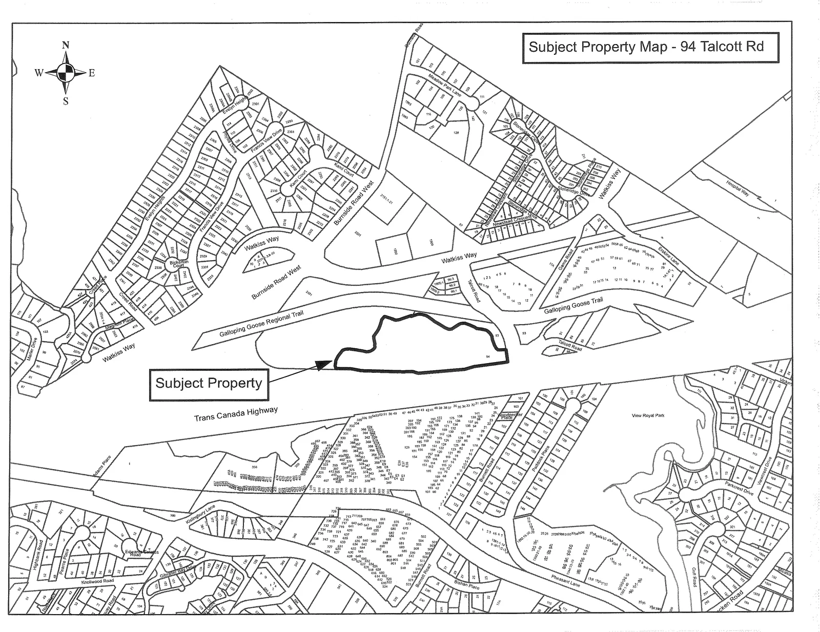 Cadastral map showing the subject property at 94 Talcott Rd, outlined and labeled, situated between Watkiss Way, Talcott Rd, and the Trans Canada Highway.
