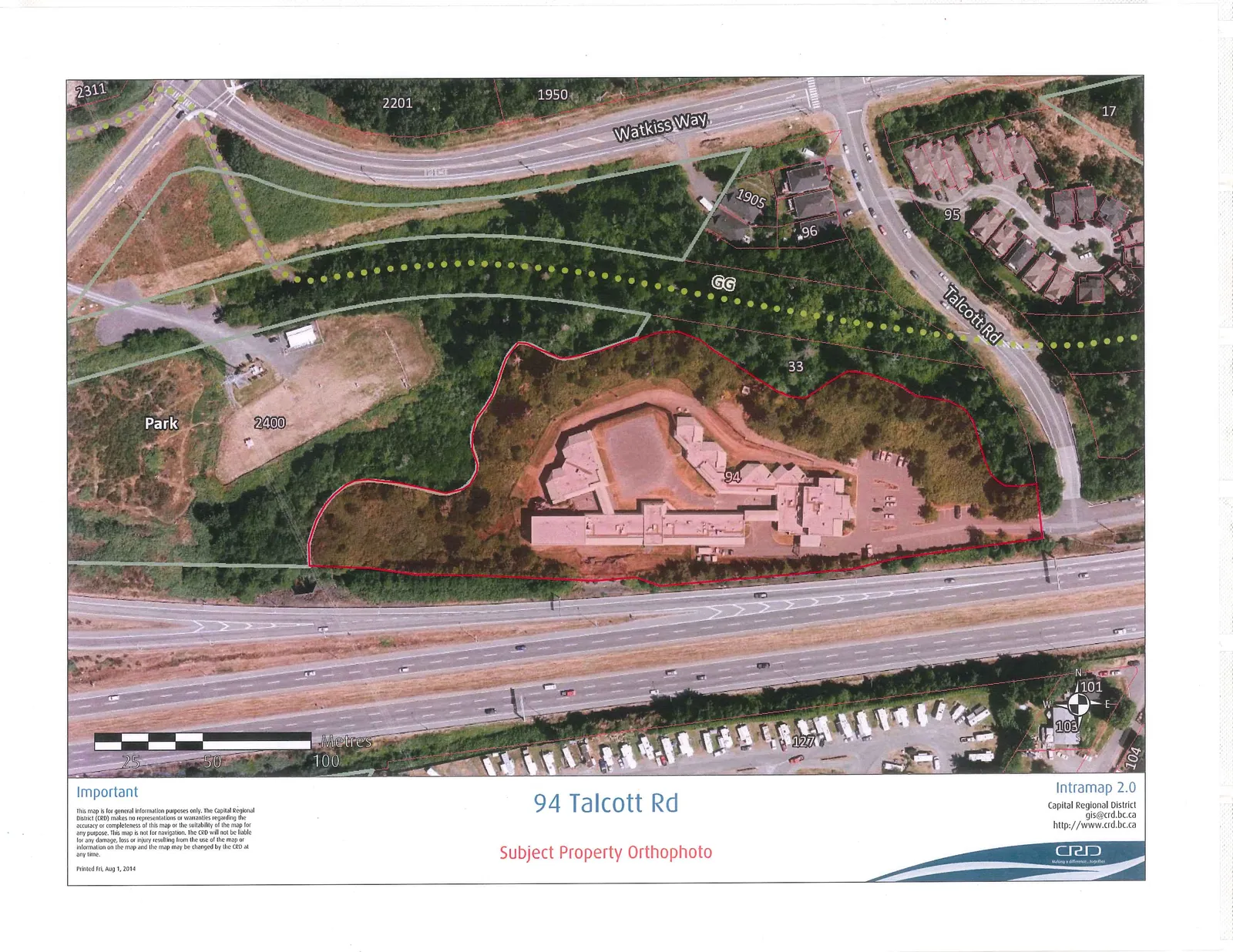 Aerial orthophoto of 94 Talcott Rd, displaying building structures, parking areas, and adjacent roads including the Trans Canada Highway and Talcott Rd.