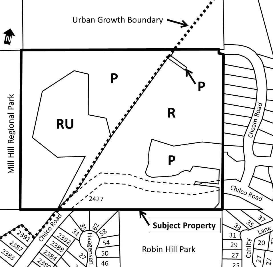 Map of the subject property at 2427 Chilco Road showing land use designations RU, R, and P, with boundaries for the Urban Growth Boundary, Mill Hill Regional Park, and Robin Hill Park.