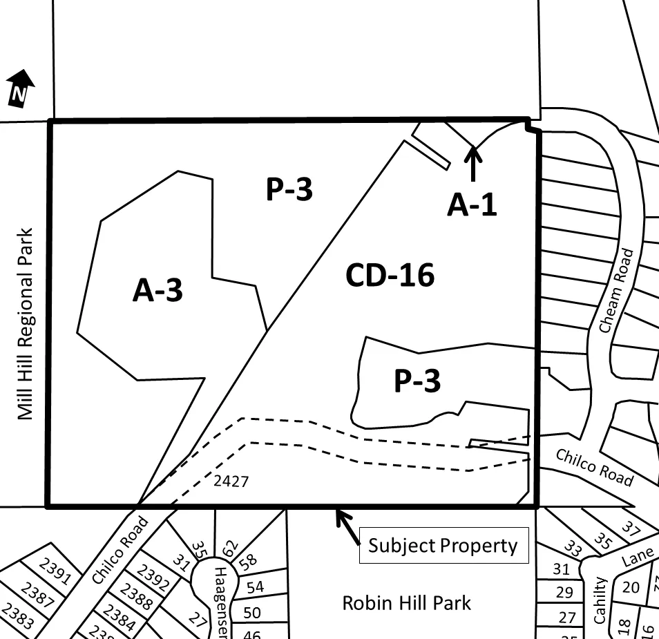 Sketch plan showing the proposed zoning areas A-3, P-3, CD-16, and A-1 for the subject property at 2427 Chilco Road, situated between Mill Hill Regional Park and Robin Hill Park.