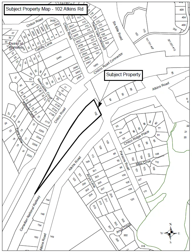 Subject Property Map - 102 Atkins Rd showing the legal property boundaries and surrounding streets including Chilco Road and Atkins Road