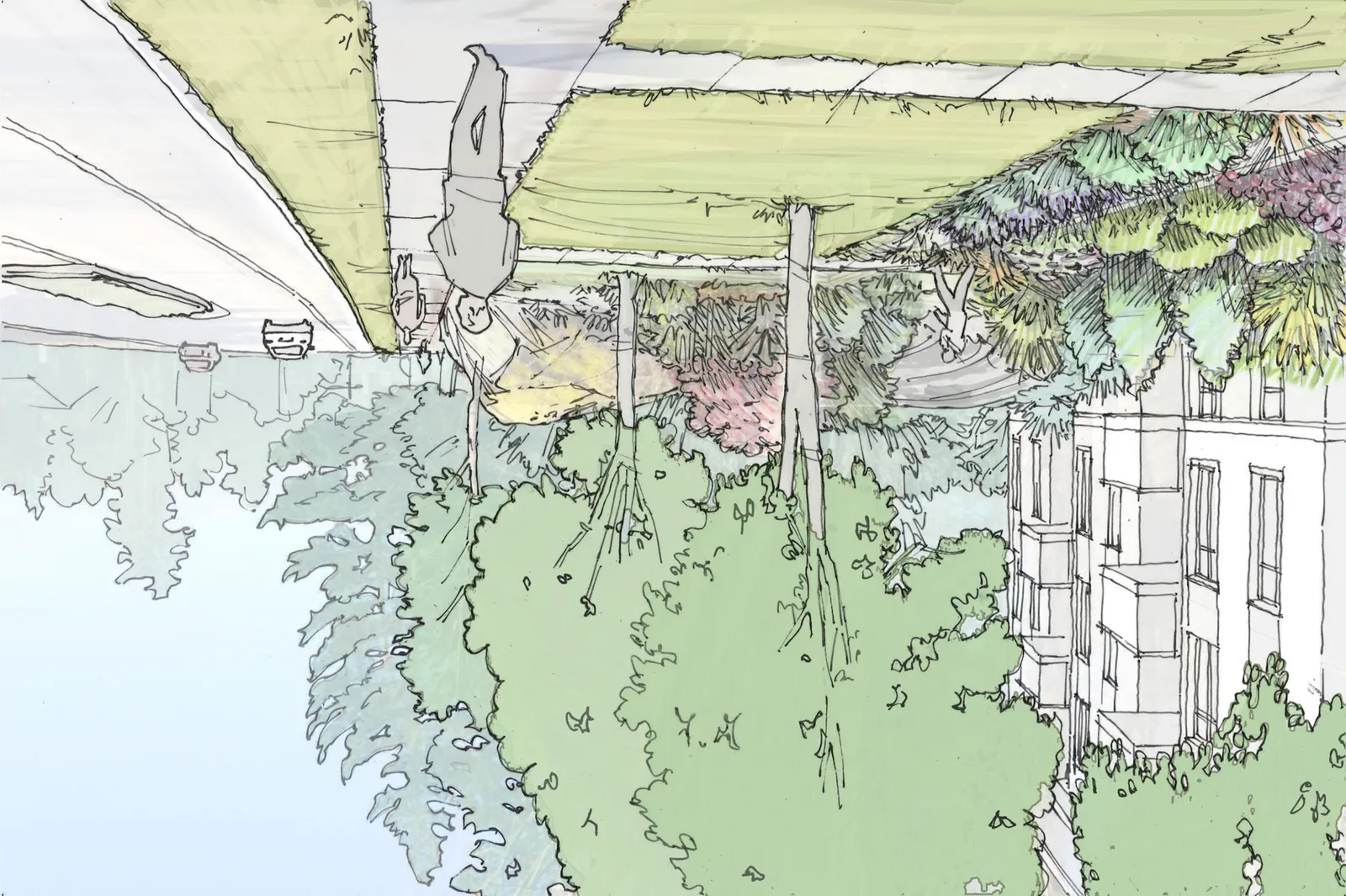 Street-level conceptual sketch looking towards the building