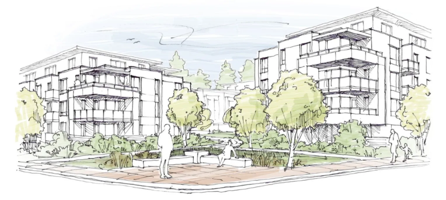 Architectural sketch showing the building frontage and street-level interface