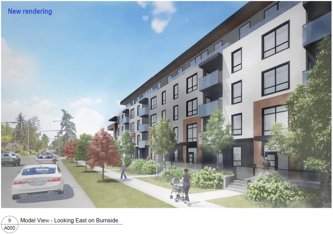 Model View - Looking East on Burnside showing the building facade and pedestrian sidewalk