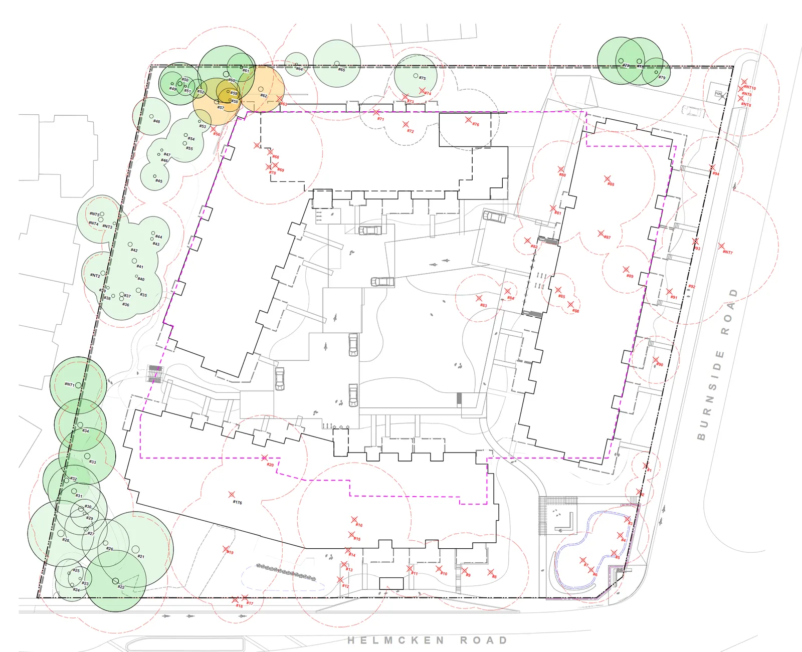 Tree preservation plan map showing trees to be preserved, potentially retained, and removed across the development site