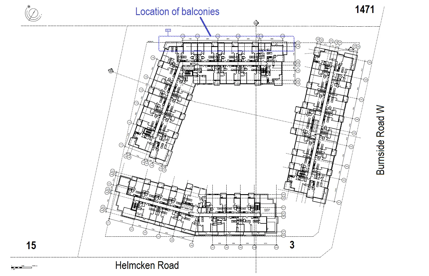 Site plan illustrating the location of balconies relative to Helmcken Road and Burnside Road W