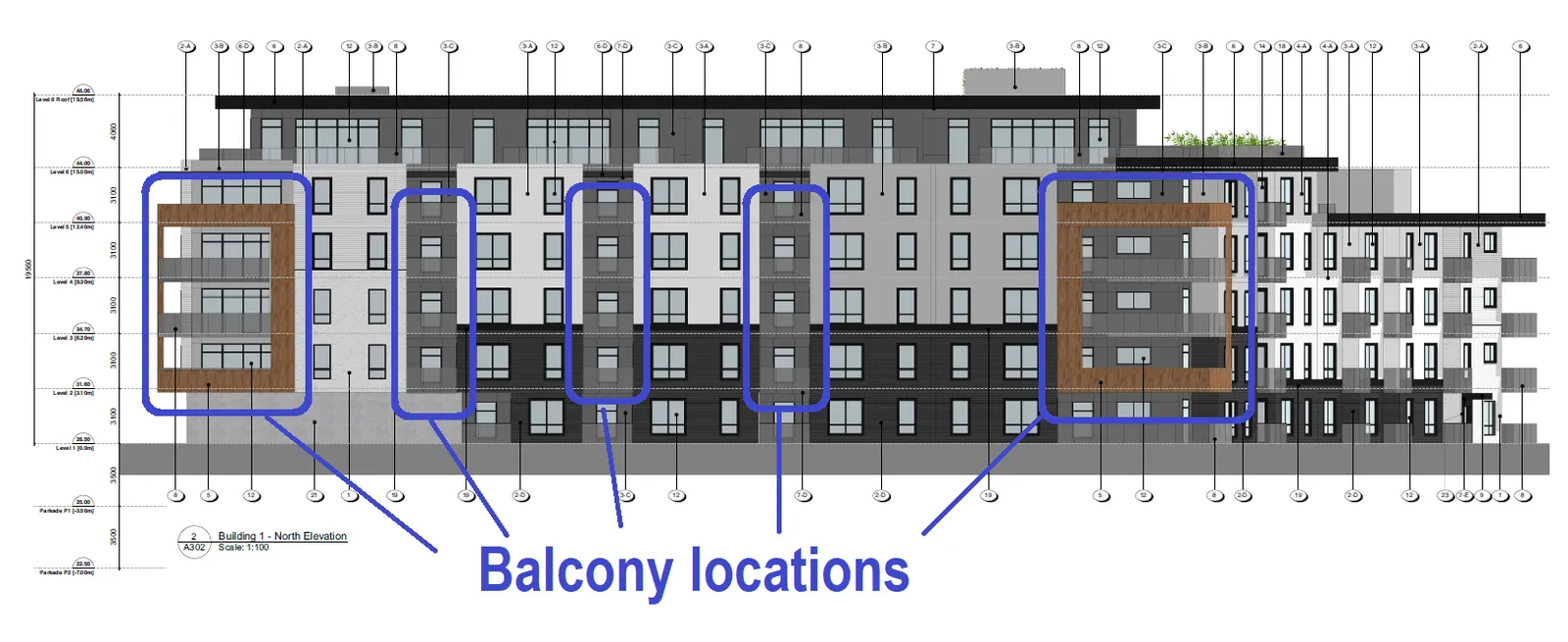 North Elevation architectural drawing highlighting specific balcony locations