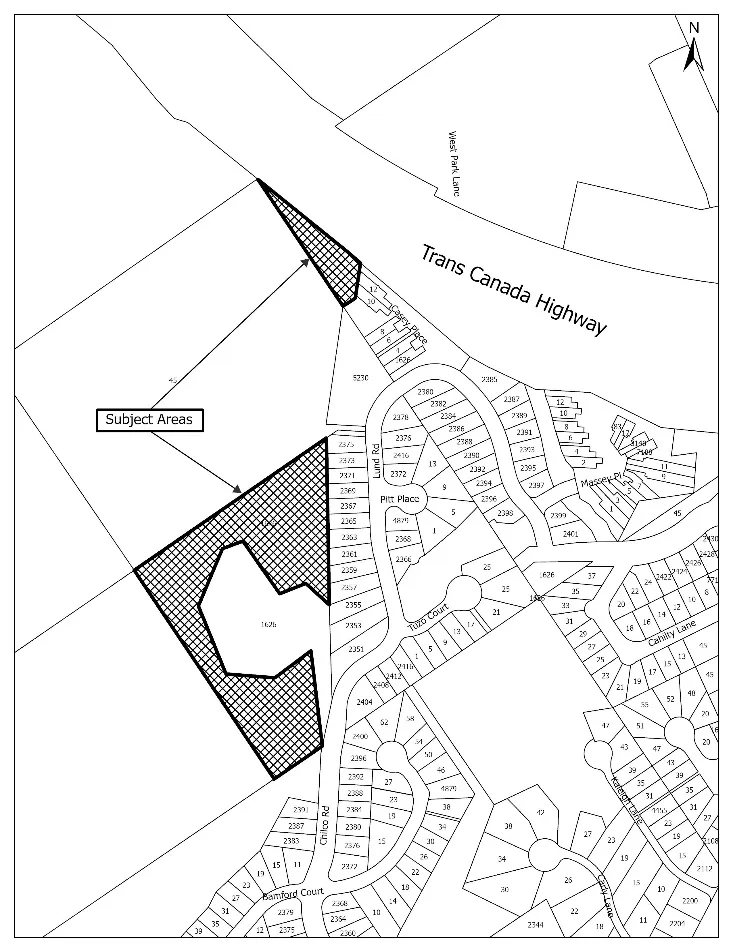Map detailing the "Subject Areas" for park land disposition situated adjacent to the Trans Canada Highway and residential streets including Lund Rd and Chilco Rd