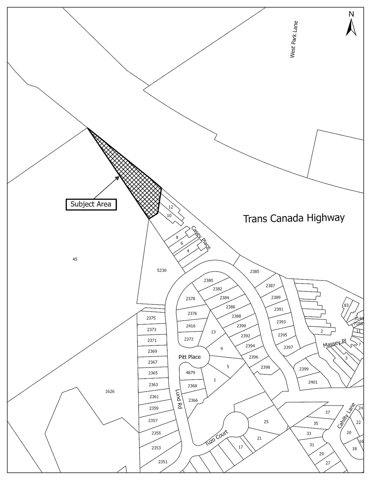 Sketch plan showing the "Subject Area" for park land disposition, located adjacent to the Trans Canada Highway and Casey Place
