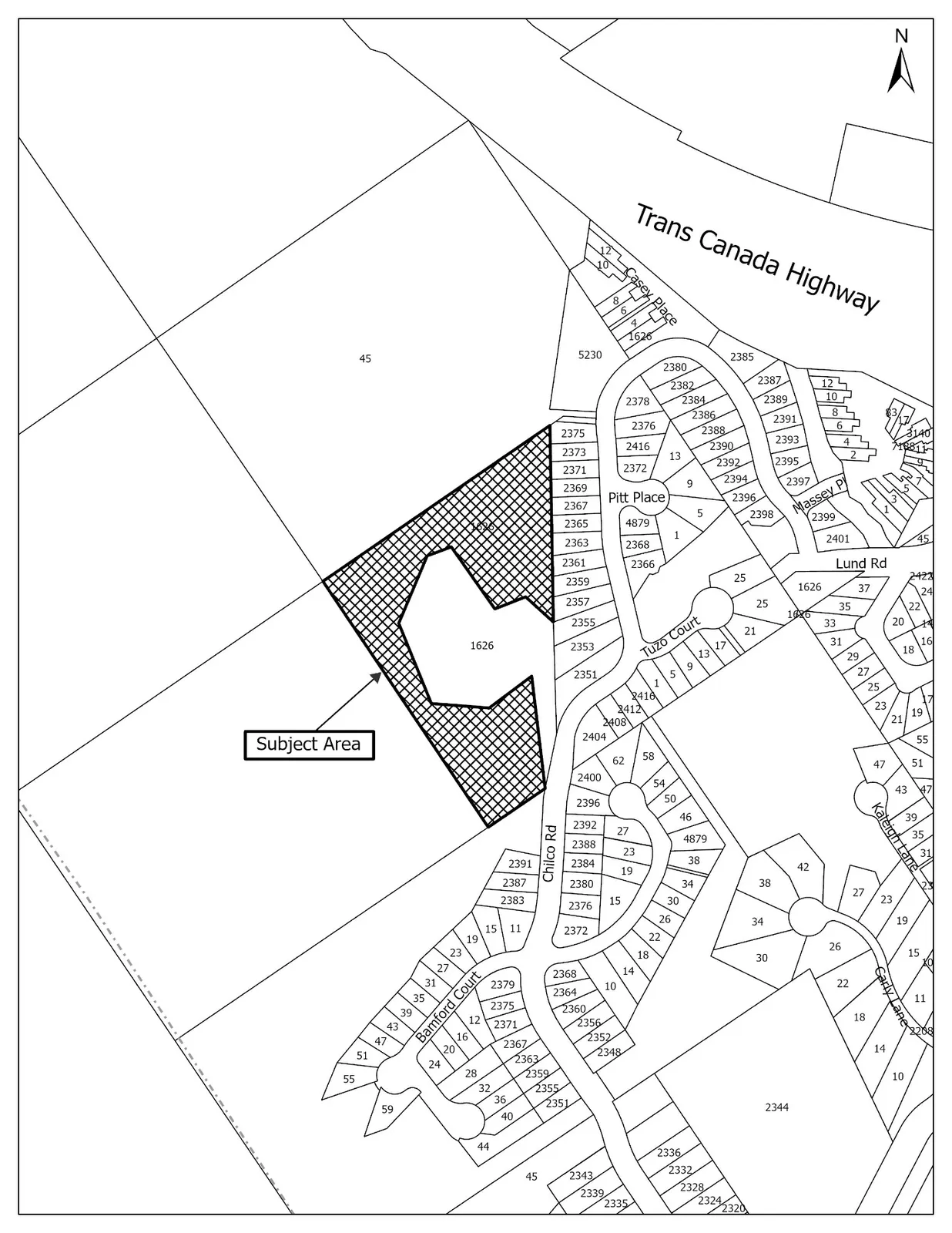 Map showing the "Subject Area" for park land disposition, located west of Chilco Road and south of the Trans Canada Highway.