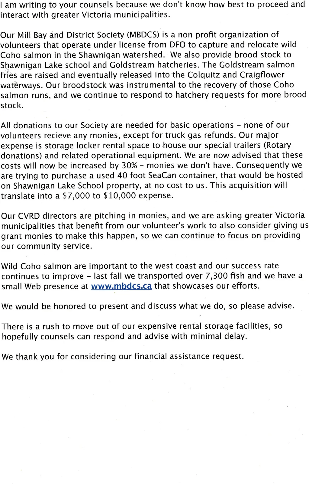 Letter from Mill Bay and District Society regarding a request for financial assistance to purchase a storage container