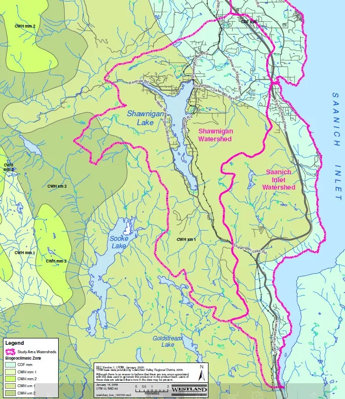 A detailed watershed map showing Shawnigan Lake, Sooke Lake, and Goldstream Lake.