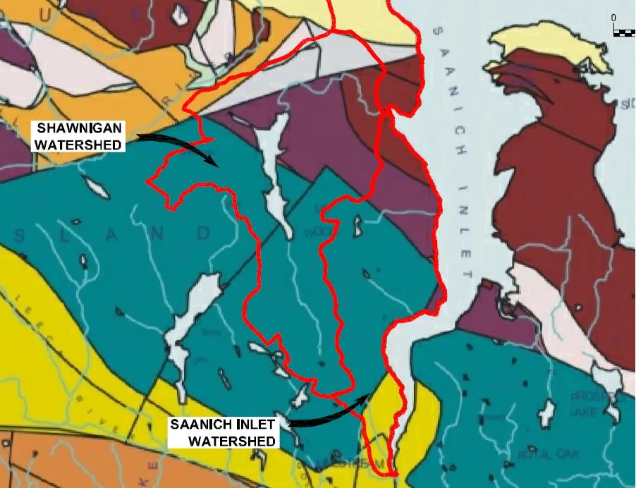 A geologic map highlighting the Shawnigan and Saanich Inlet Watersheds.