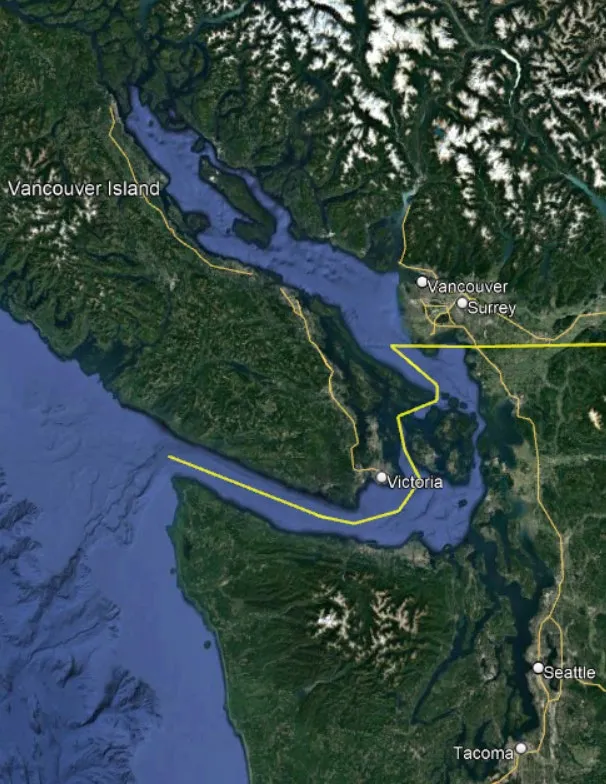 Satellite view of Vancouver Island and the surrounding waterways.