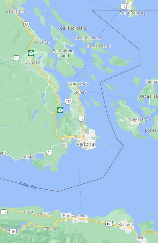 A road map of the Southern Vancouver Island region, including Victoria and Duncan.