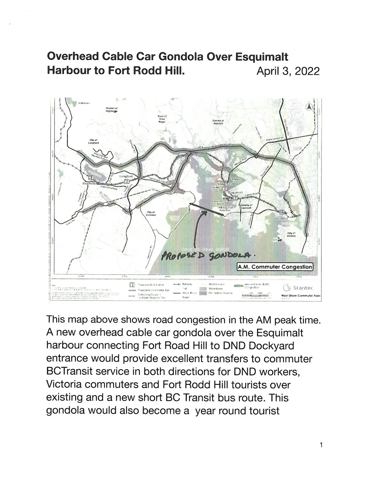 Map of the Esquimalt and West Shore area showing AM peak road congestion and the proposed gondola route across the harbour