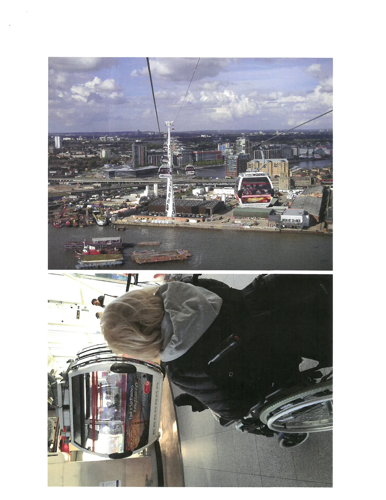 Aerial perspective of a gondola station and surrounding urban development along a waterfront