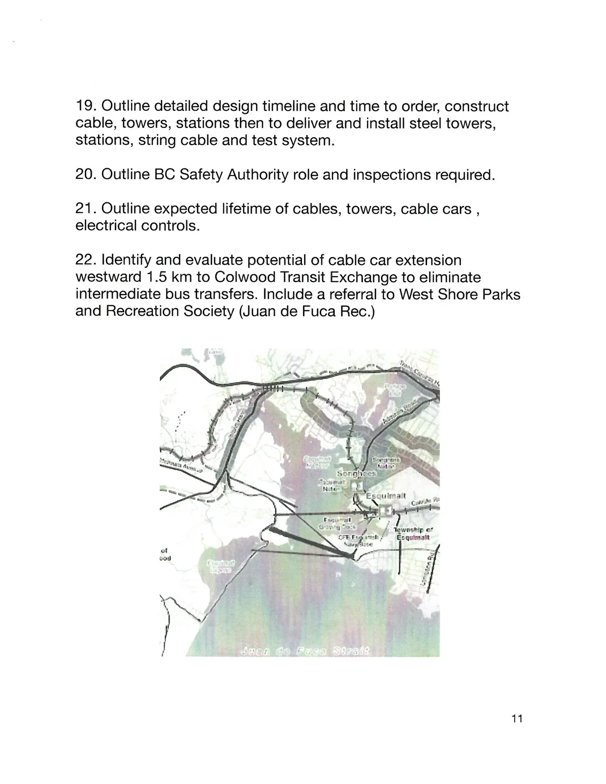 Map showing the proposed cable car route corridor across the harbour between Esquimalt and the Colwood area, including landmarks such as Songhees, CFB Esquimalt, and the Juan de Fuca Strait.