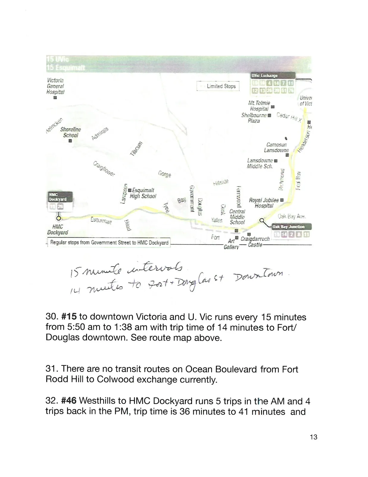 Map of the #15 transit route between Esquimalt and UVic Exchange, showing stops and landmarks.