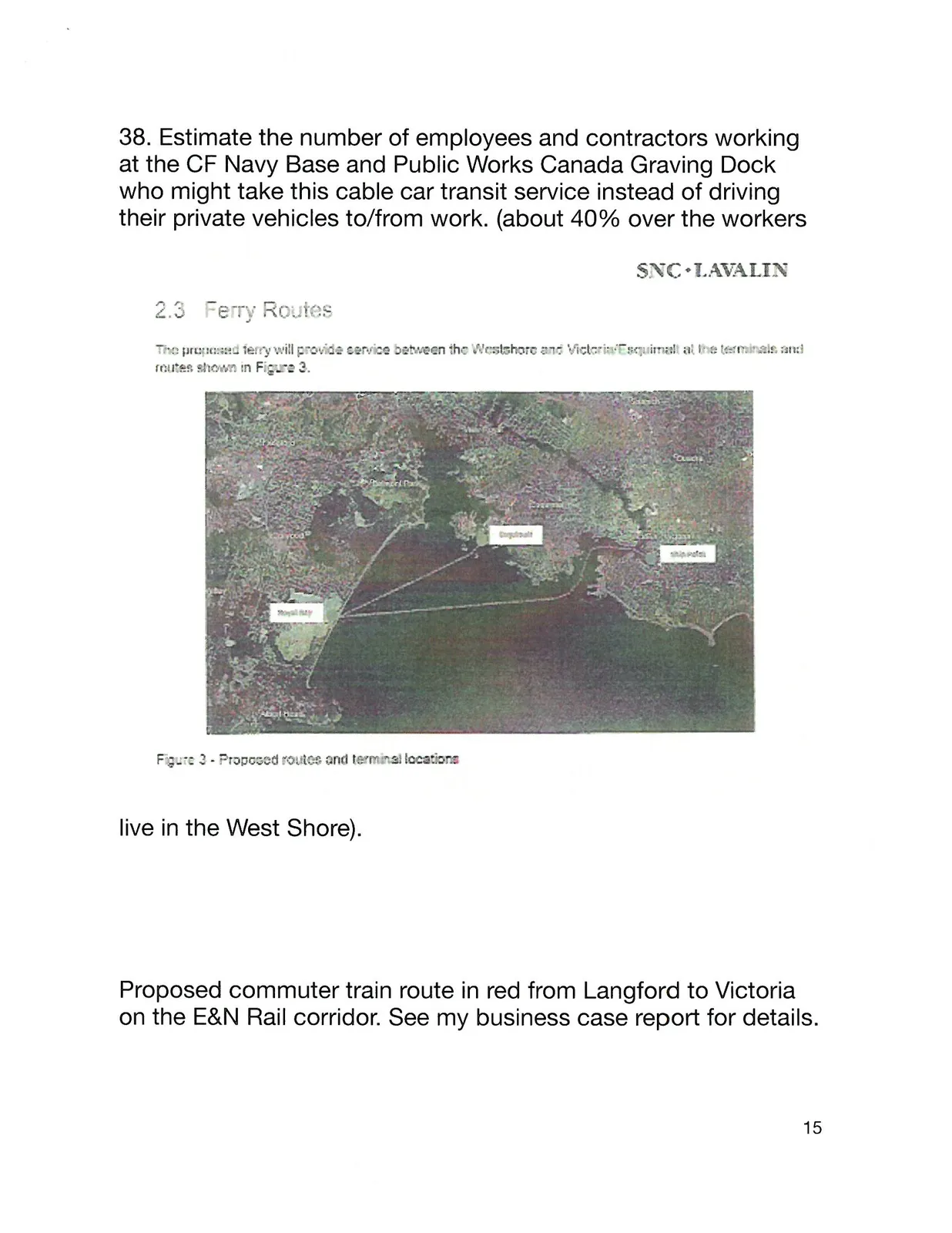 Satellite map showing proposed ferry routes and terminal locations between the West Shore and Victoria/Esquimalt.