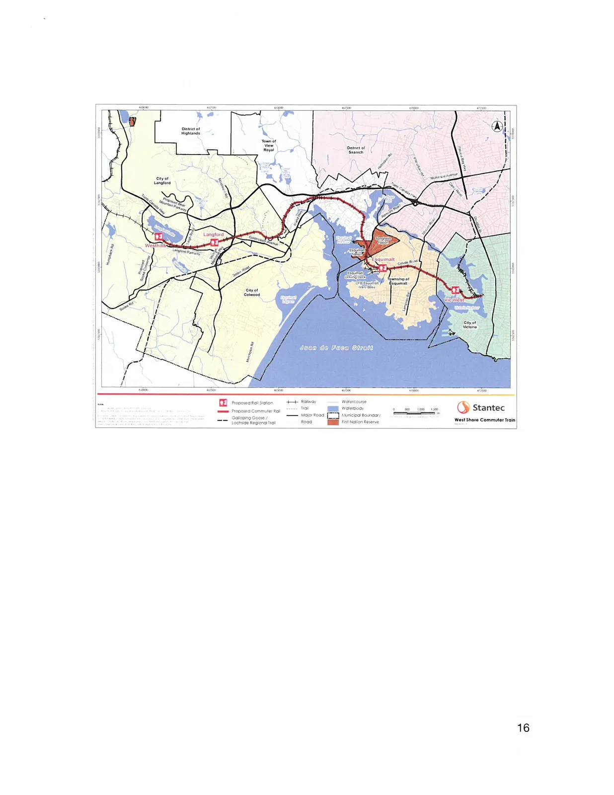 Map of the proposed West Shore Commuter Train route, illustrating the path from Langford to Victoria with proposed rail stations, municipal boundaries, and major transportation corridors.