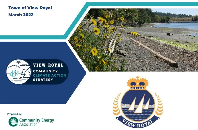 Cover page for the March 2022 Town of View Royal Community Climate Action Strategy featuring a photo of a rocky shoreline with yellow wildflowers in the foreground.