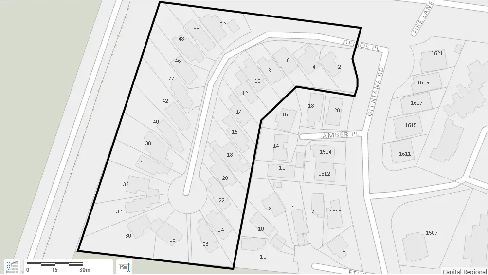 Map showing building footprints for residential lots on Demos Place, Amber Place, and Glentana Road
