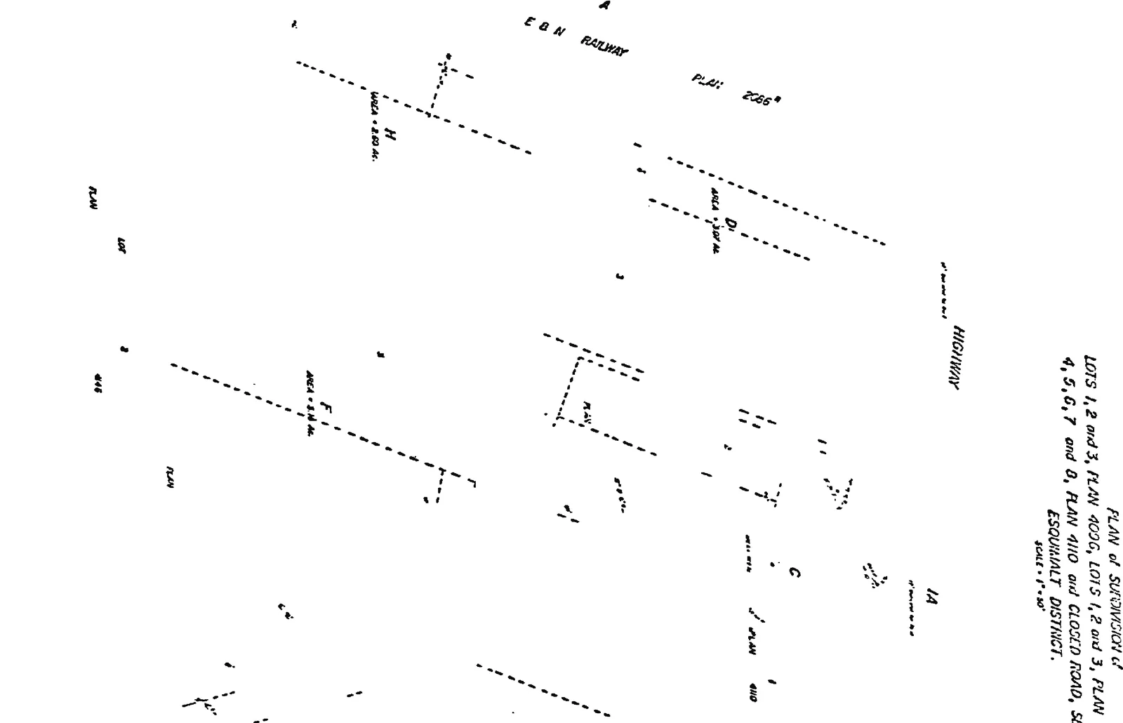 Western portion of the plan showing E & N Railway, Highway, and Lots D, H, and F