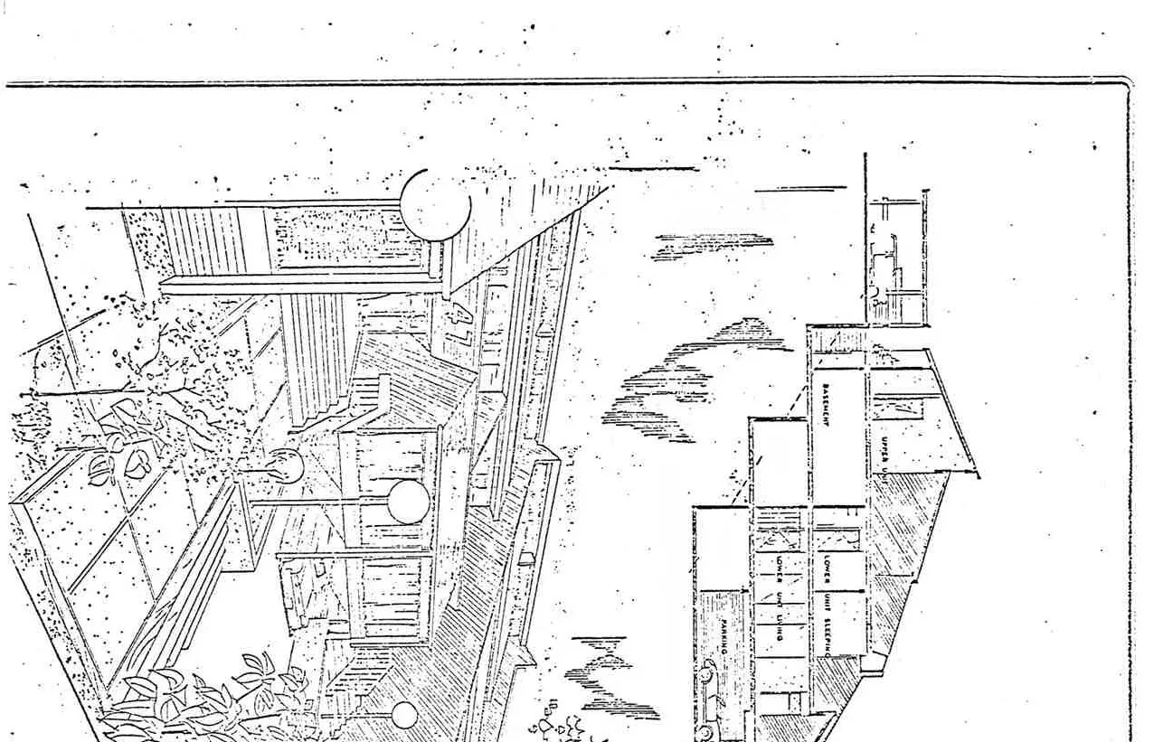 Perspective rendering of the maisonette units nestled in a wooded landscape