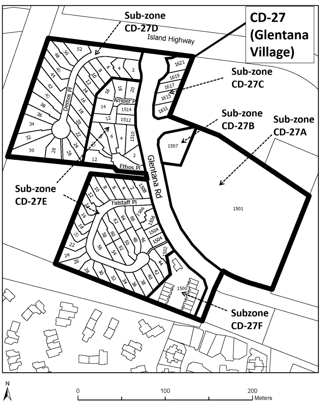 Zoning map of the CD-27 (Glentana Village) zone showing sub-zones A, B, C, D, E, and F across various residential lots and roads including Glentana Road, Island Highway, Demos Pl, Amber Pl, Ethos Pl, and Falstaff Pl