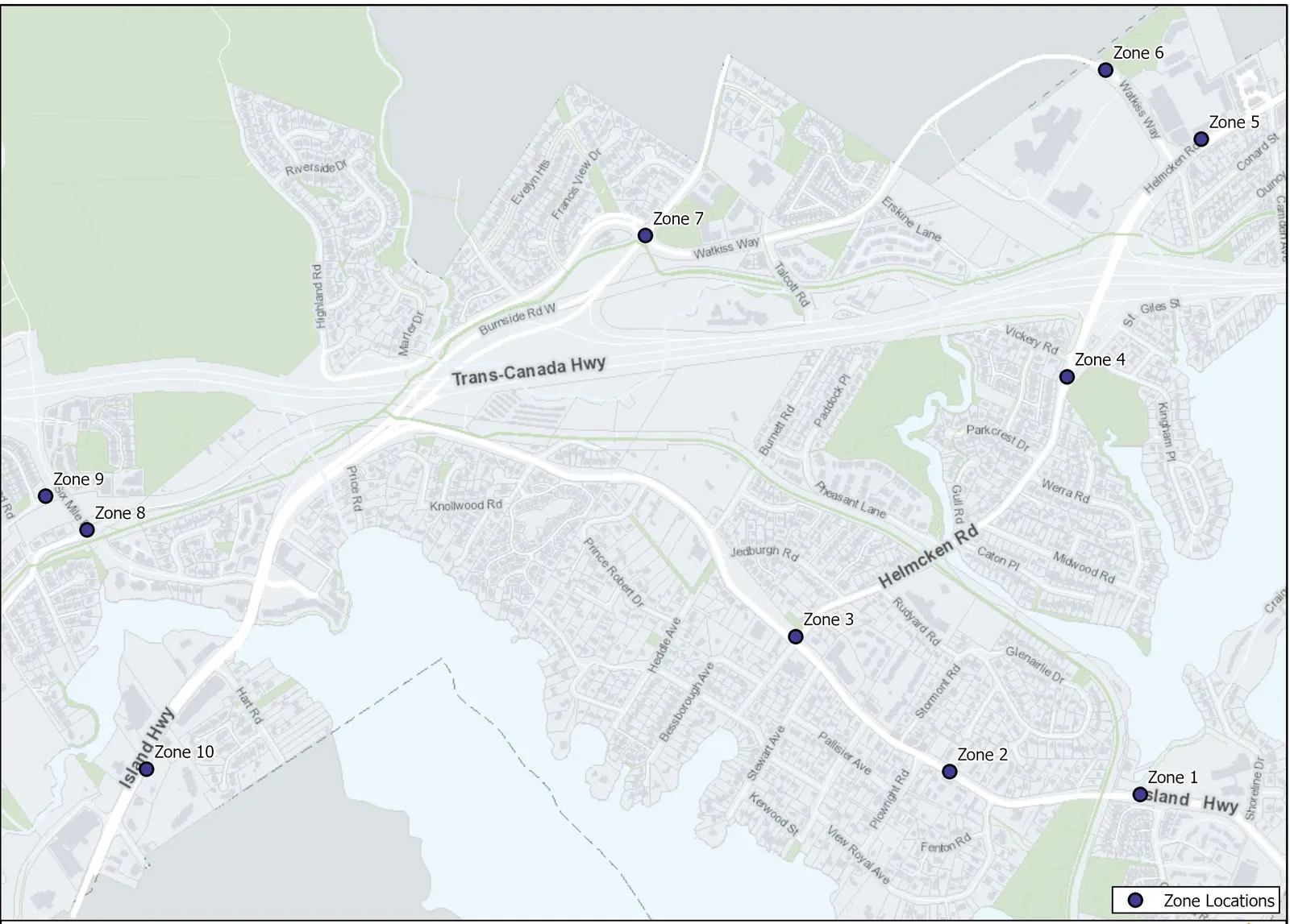 Overview map of View Royal illustrating the locations of ten permitted election sign zones.