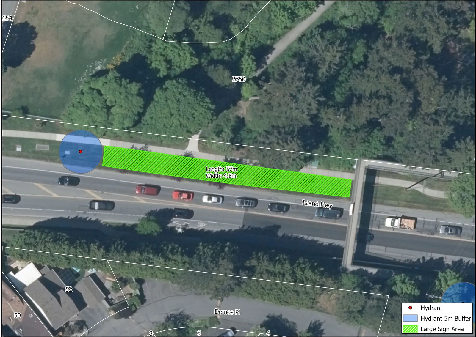 Aerial map of Zone 1 on Island Hwy. showing sign areas and hydrant buffers.