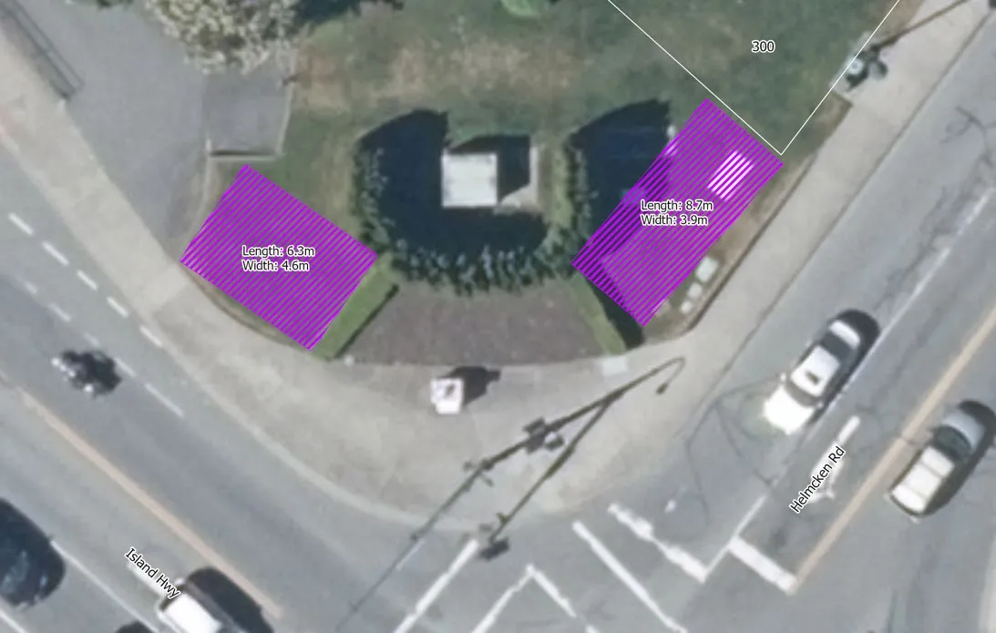 Aerial map of Zone 3 at the intersection of Helmcken Rd and Island Hwy.