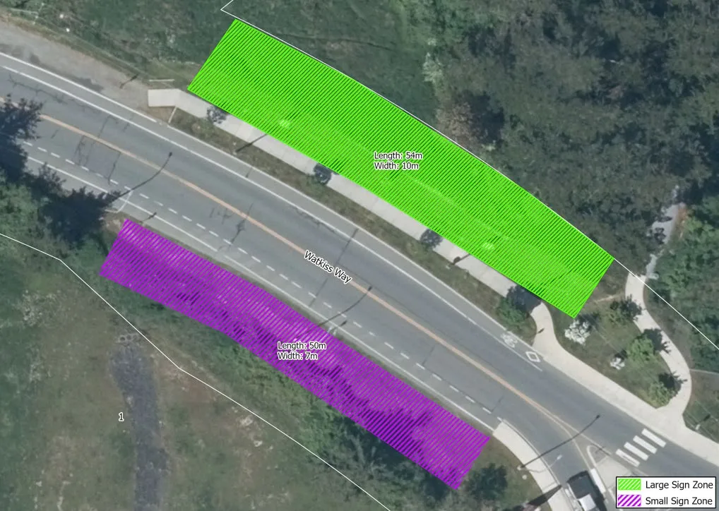 Aerial map of Zone 6 on Watkiss Way showing large and small sign zones.