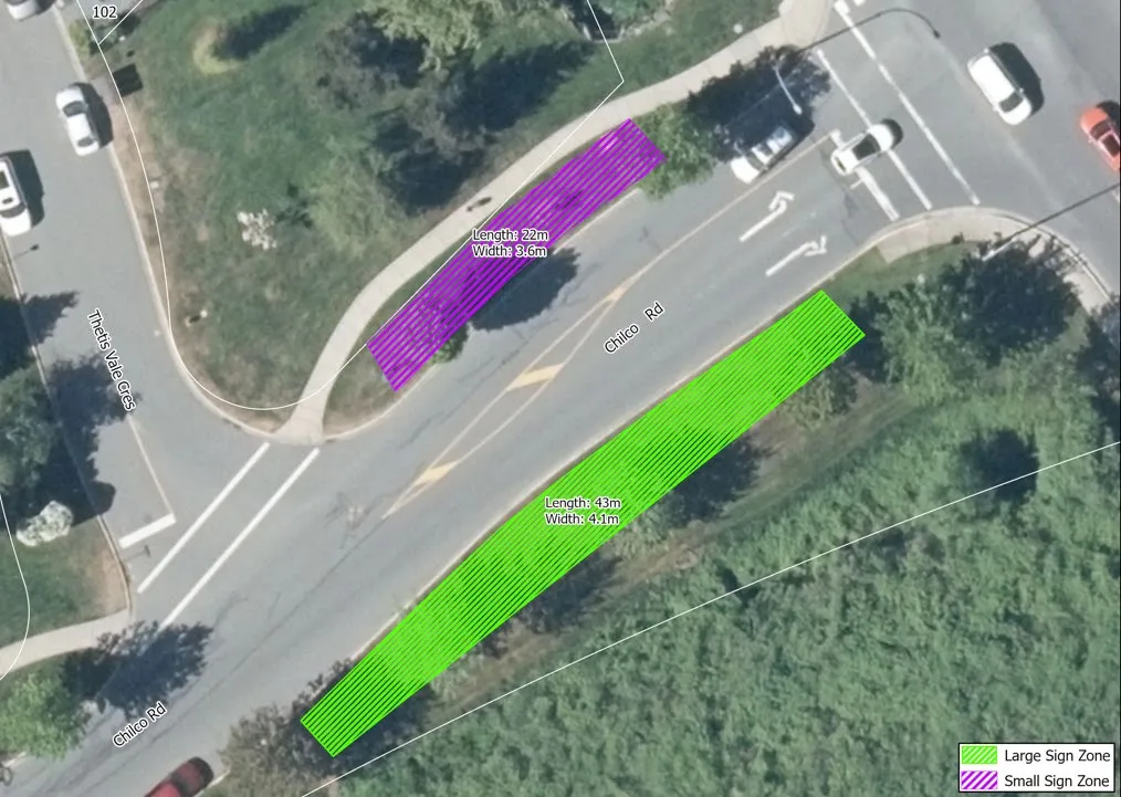 Aerial map of Zone 9 showing sign zones at Chilco Rd and Six Mile Rd.