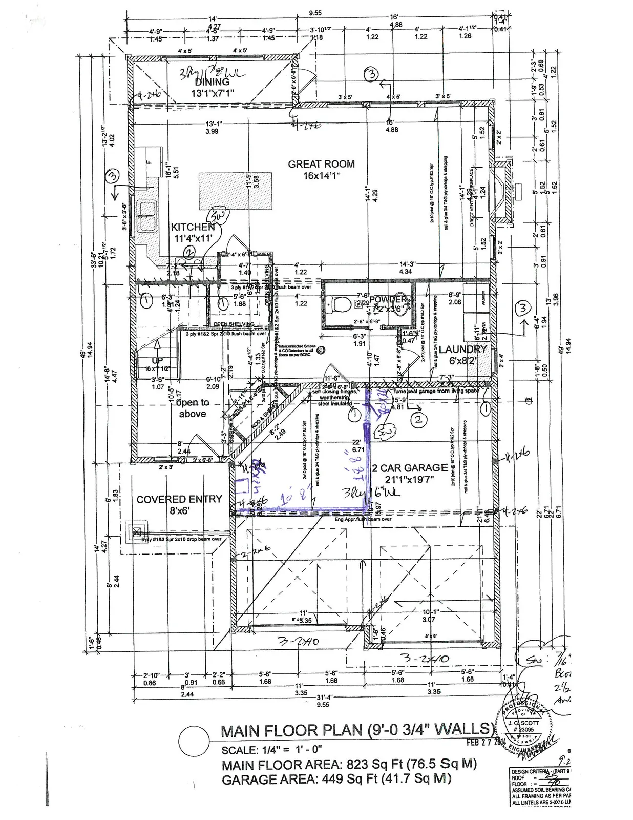 Architectural floor plan for the main level of a residence, including room layouts for a kitchen, dining room, great room, laundry, powder room, and a two-car garage, with detailed dimensions and structural notes.