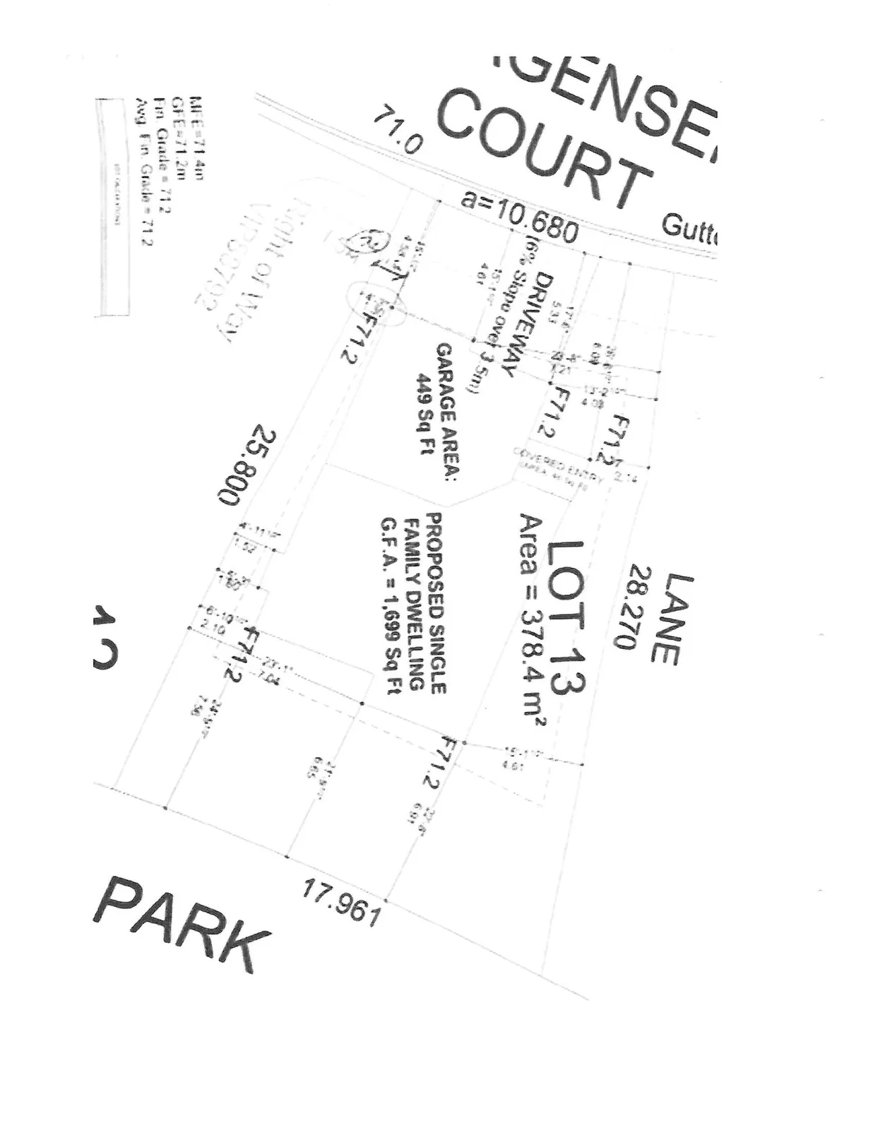 Site plan showing the footprint of the proposed single-family dwelling on Lot 13, including the driveway, property boundaries, and proximity to Jorgensen Court, a lane, and a park.