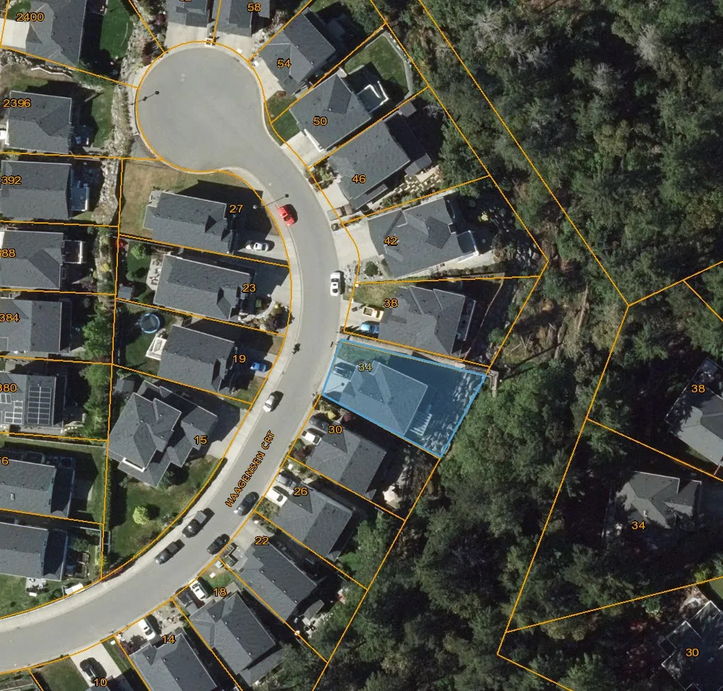Aerial map of the neighborhood showing 34 Haagensen Court highlighted