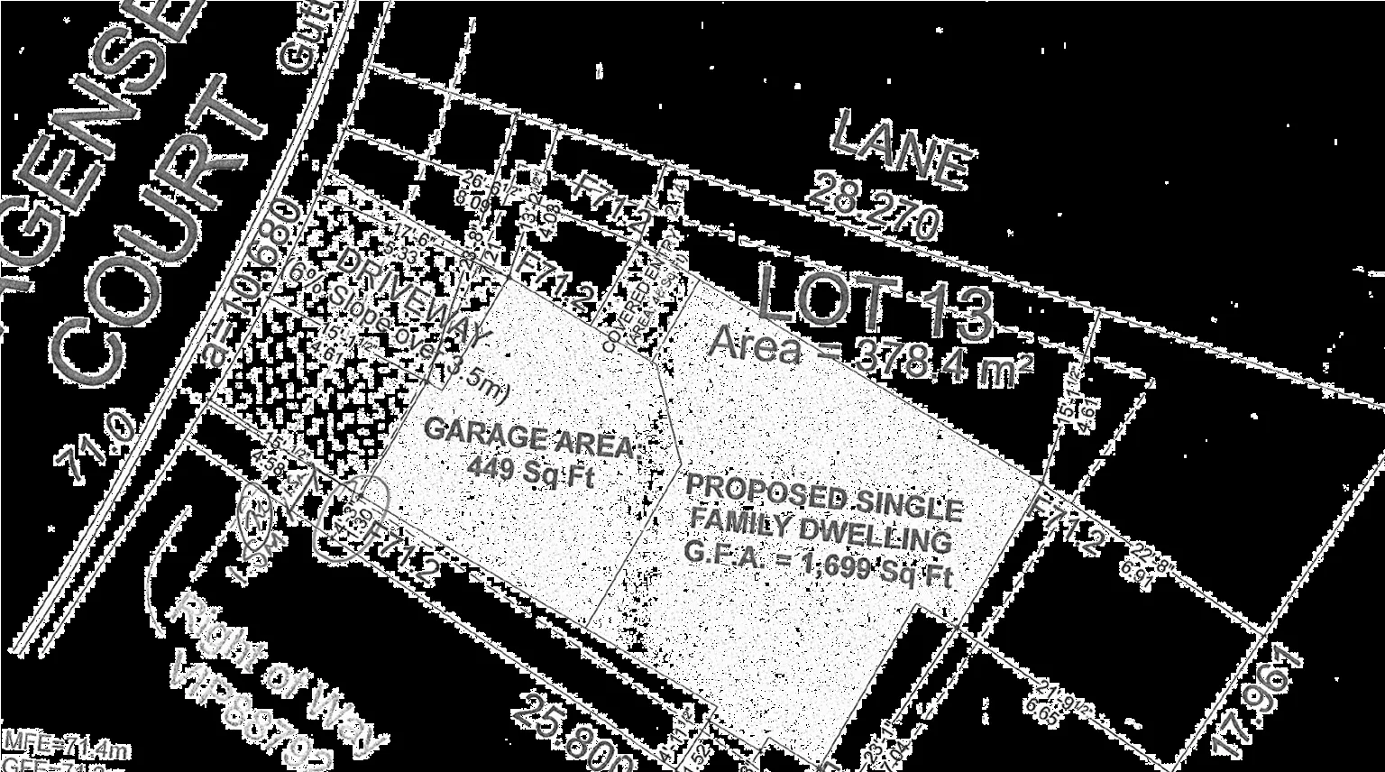 Detailed site plan for Lot 13 showing the driveway, garage area, and proposed dwelling measurements
