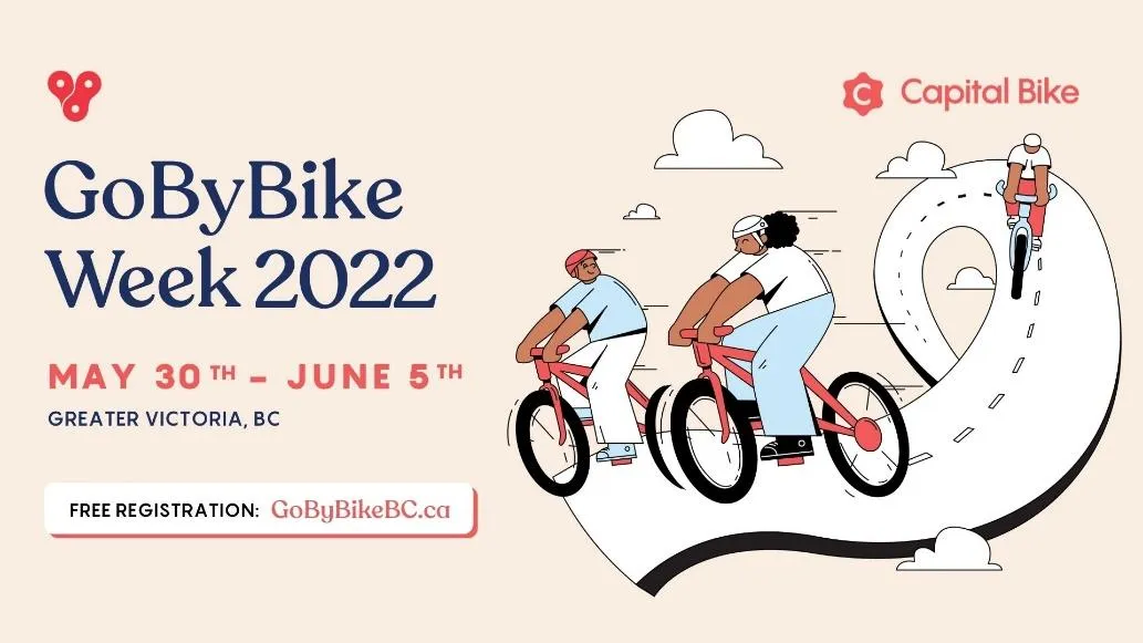 Graphic for GoByBike Week 2022 featuring illustrated people riding bikes and the event dates May 30th – June 5th