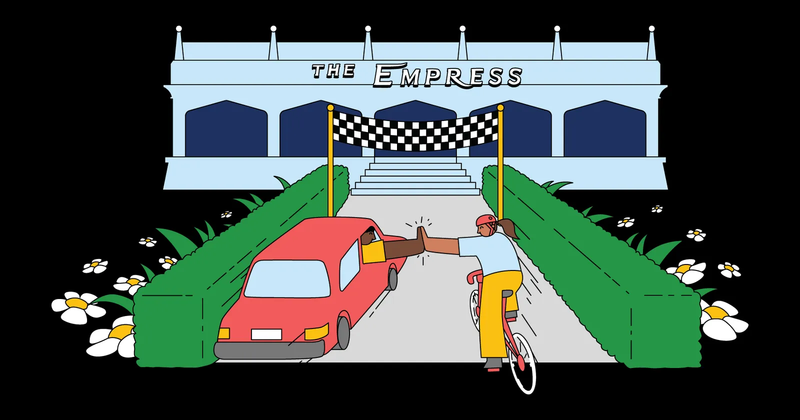 Illustration of a cyclist and a car driver high-fiving at a finish line in front of The Empress building