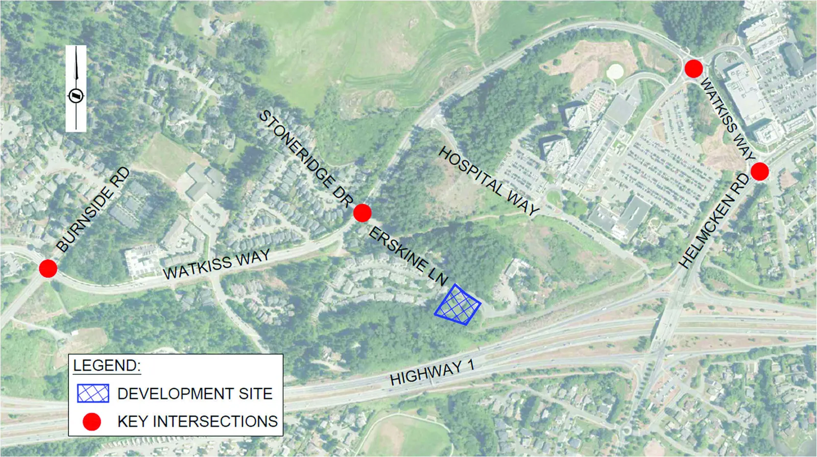 Map showing development site and key study intersections along Watkiss Way, Burnside Rd, and Helmcken Rd