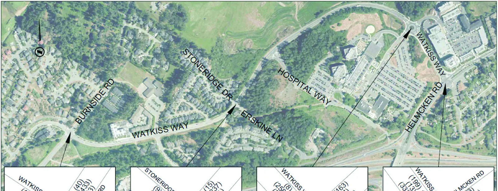 Map and diagrams illustrating 2021 existing traffic volumes for the study area intersections