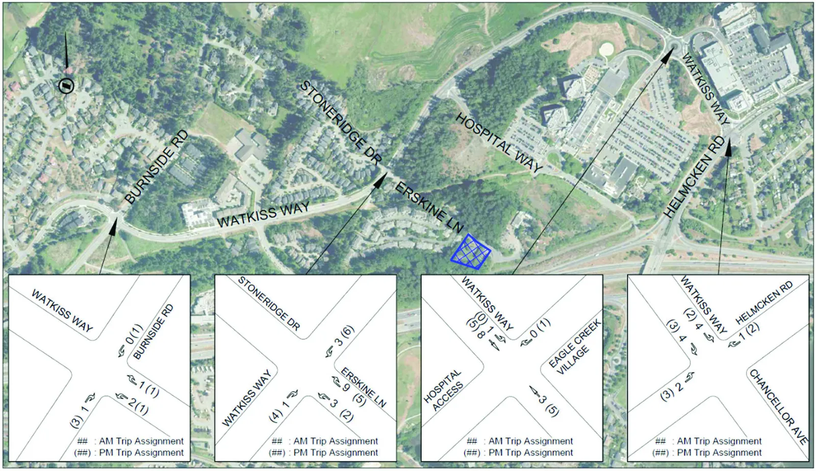 Map and diagrams illustrating the assigned development-generated trips at key intersections