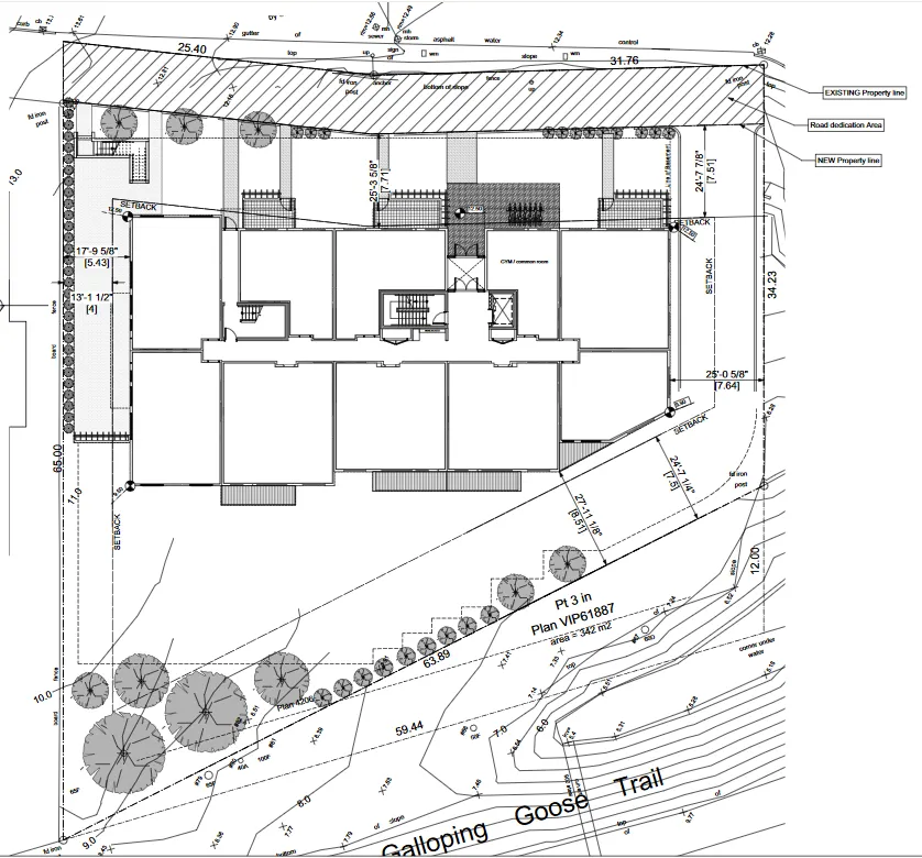Site plan illustrating a proposed building development with property boundaries, road dedication area, building setbacks, and adjacent Galloping Goose Trail.