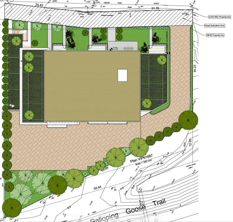 Detailed site plan showing a central building, surrounding landscaping, and property boundaries. The plan includes labels for "EXISTING Property line", "Road dedication Area", "NEW Property line", and identifies the adjacent "Galloping Goose Trail". A section is marked "Plan VIP61887 area = 342 m2".