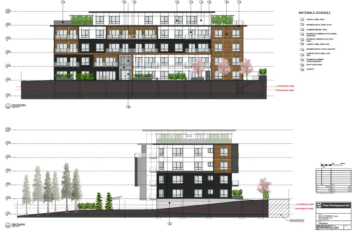 Architectural drawings showing the front and side elevations of a multi-story residential building, including a materials schedule and project title block.
