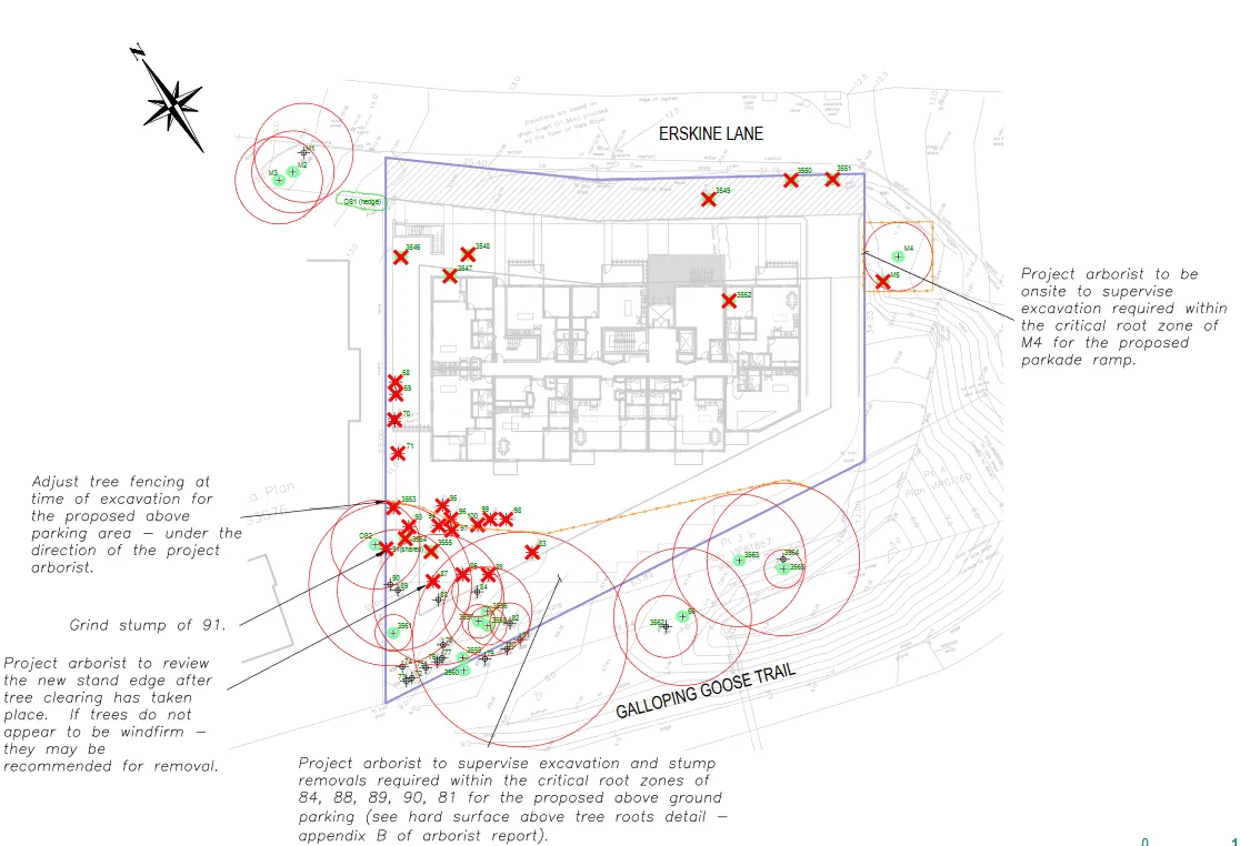 Site plan illustrating proposed development between Erskine Lane and Galloping Goose Trail, identifying tree removals, protection zones, and specific arborist supervision requirements.