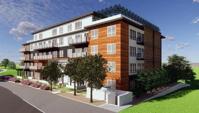Perspective rendering of a modern multi-story residential building from the street level, featuring a mix of white, black, and wood-textured cladding.